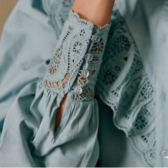Sezane Desiree Button Down Blouse Chic Lace-Trimmed Blouse in Soft Blue - Picture 2 of 7